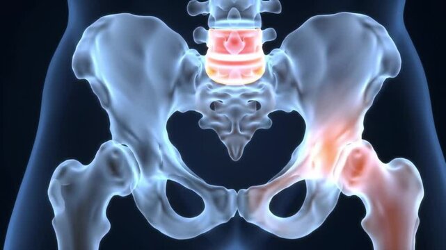 3D rendered Medical Animation of a man's inflamed right hip joints. Suitable for medical or education footage.