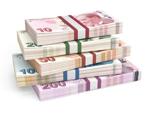 Turkish Lira banknotes piled and banded, Turkey currency