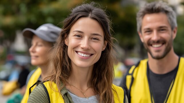Volunteers smile in bright yellow vests