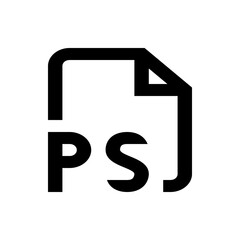 Black and white icon representing a file with the letters ps on it indicating a photoshop document type file