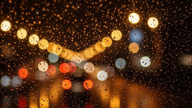 Raindrops on glass with city lights bokeh at night
