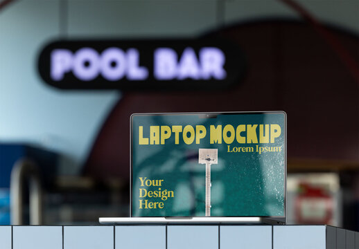 Mockup Laptop at coworking relax area