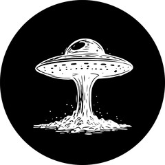 Stylized depiction of a ufo landing, rendered in black and white graphics