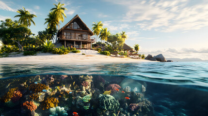 Obraz premium half above and half below the water, half-and-half, extremley long shot, isolated island
