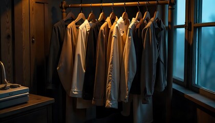 Neutral, recycled capsule wardrobe on vintage rack. Dim attic, foggy autumn, Fresh laundry drying out on hangers in laundry room, clothes with pale colours, created with generative ai