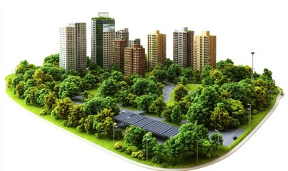 Fototapeta premium Eco-city model with park, solar panels, showing sustainable urban design for presentations