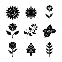 Collection of Elegant Black Silhouette Flower Icons Featuring Sunflowers, Roses, Lilies, and Other Floral Designs in Minimalist Style for Botanical and Nature