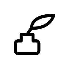 Illustration of an inkwell with a feather pen resting inside in a simple line drawing style design