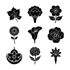 Silhouette Icons Featuring Flowers, Leaves, and Plants Including Roses, Calla Lilies, and Sunflowers for Elegant Design