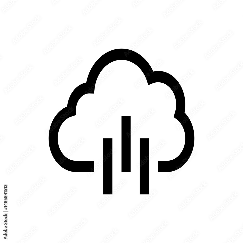 Poster black outline of a cloud with three vertical bars underneath representing data or connection, simple