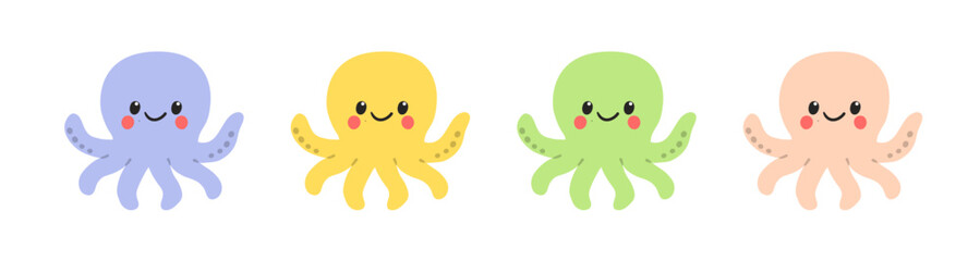 Cute cartoon-style octopuses in pastel colors. Happy sea creatures with smiling faces and blushing cheeks vector illustration