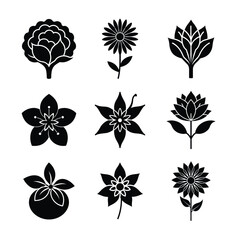 Silhouette Flower and Plant Icons Featuring Sunflowers, Lotus, and Blossoms for Elegant Design