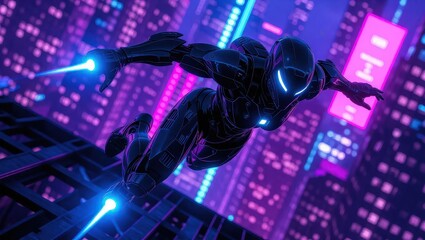 Obraz premium Cyberpunk Character Flying in Futuristic City at Night