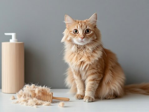 Cat grooming brush with loose fur on white surface