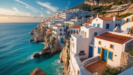 Fototapeta premium Stunning Coastal Village Overlooking Serene Blue Waters at Sunset with Dramatic Cliffs and Charming Whitewashed Architecture