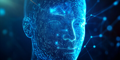 Digital human face made of data points, AI-generated digital identity, Futuristic artificial intelligence concept
