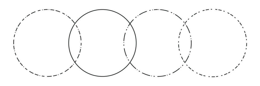 Venn diagram blank merge four dash line and dotted line circles chart infographic sign. 4 cross circles for data statistics presentation. Line art vector empty venn diagram illustration.