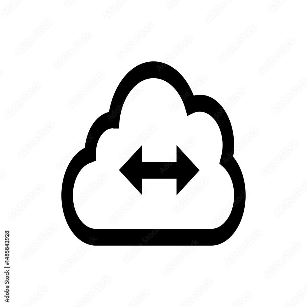 Poster black cloud icon with a horizontal double headed arrow inside representing data transfer and exchang