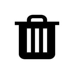 Illustration of a black trash can with a handle and three white vertical lines on a white background icon