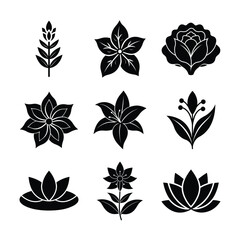 Set of Nine Elegant Black Silhouette Flower and Plant Icons for Creative and Minimalist Design