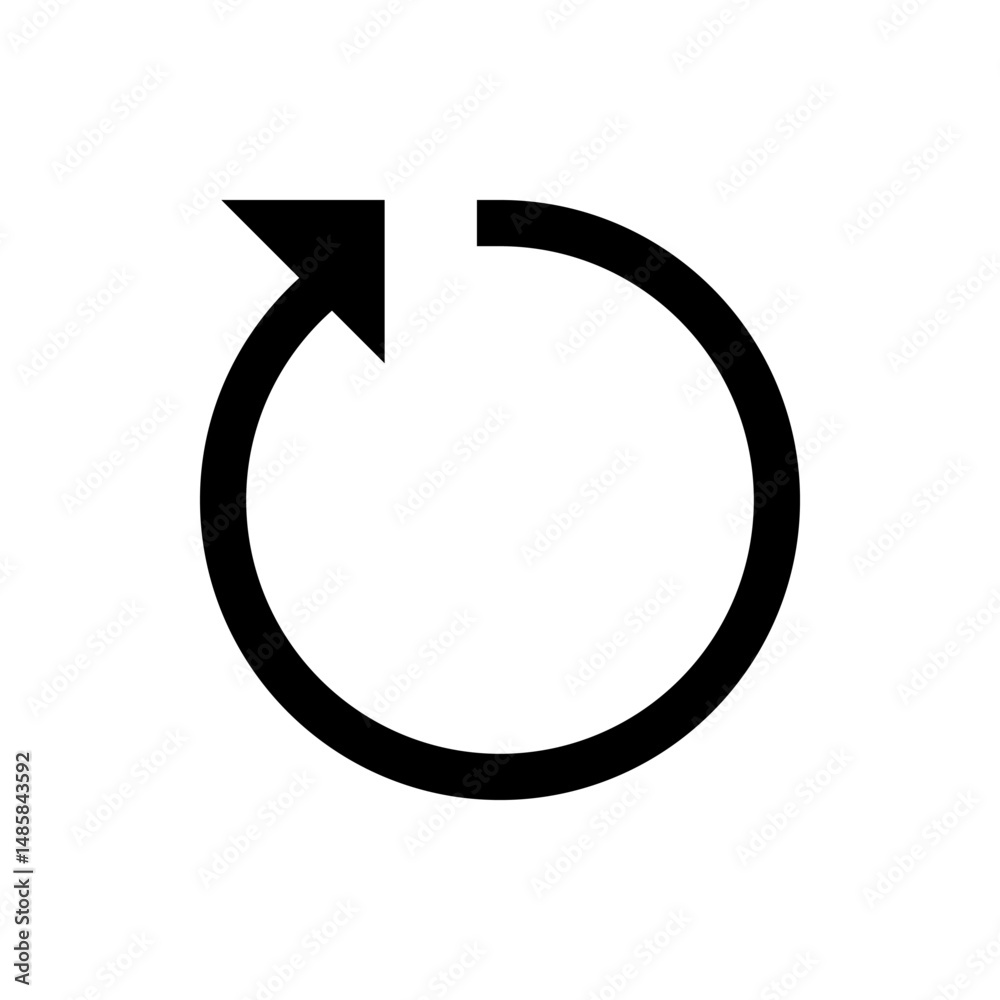 Poster a simple black circular arrow pointing upwards and to the left on a white background in a basic desi
