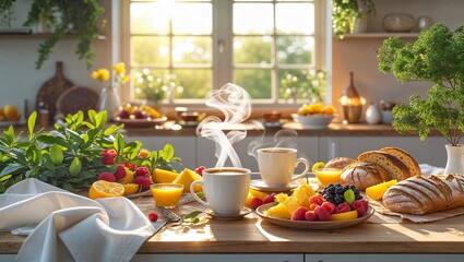 Breakfast Table with Fresh Fruit, Croissants, and Hot Coffee in a Bright Kitchen Setting