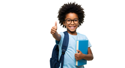 Smiling young kid eyeglasses, student holding a book and pointing at something, isolated on a transparent background