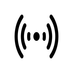 A simple black and white illustration of a wifi signal icon with curved lines and a central dot shape