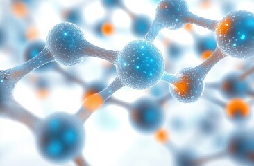 Close-up view of interconnected molecular structure with blue and orange glowing spheres linked by cylindrical bonds on a soft white background, conveying scientific complexity