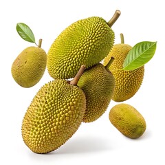 A Cluster of Fresh Jackfruits with Leaves Floating on a White Background
