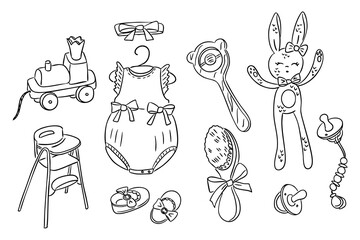 Obraz premium Set of hand drawn baby girl items including romper, toys, pacifiers, shoes and accessories. Concept of newborn care, childhood and baby shower gift elements