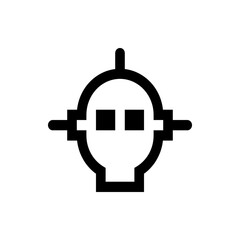 Abstract robot head with square eyes and antenna on top and sides rendered in black and white minimal style