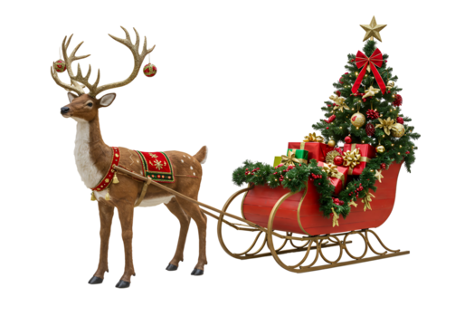 輝くクリスマスツリー、華麗なソリを引く雄鹿 冬景色 - Powered by Adobe