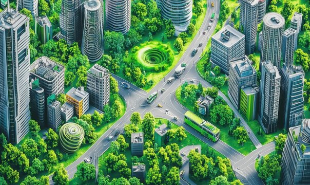 Eco-friendly city, green infrastructure, aerial view, sustainable urban design, for environmental reports