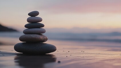 Serene sunset beach scene with balanced stones (2)