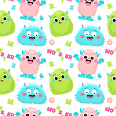 Seamless pattern with cute fluffy monsters, children's print