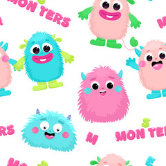 Seamless pattern with cute fluffy monsters, children's print