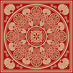 Vector gold with red classic Greek square ornament. Rectangle of Ancient Greece and Roman Empire. Byzantine painting of walls, floors and ceilings. Decoration of European palaces.
