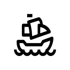 Stylized black and white illustration of a boat on water with cabin and mast on a wavy surface design