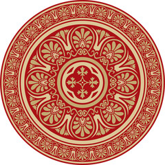 Vector gold with red classic Greek round ornament. Circle of Ancient Greece and the Roman Empire. Byzantine painting of walls, floors and ceilings. Decoration of European palaces.
