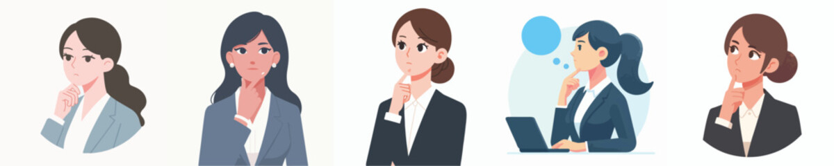 vector business woman gesture hand on chin sign thinking