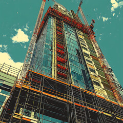 Construction cranes working on tall glass skyscraper high resolution picture