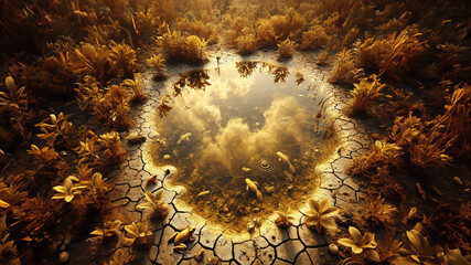 Golden plants forming a circular crater in a desert landscape
