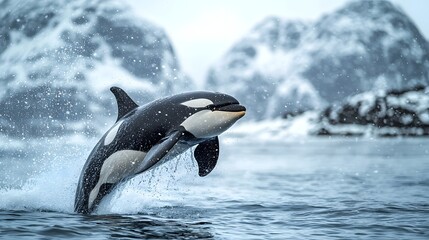Fototapeta premium Majestic orca leaping from icy Arctic waters