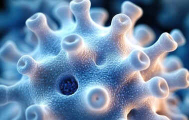 Close-up detailed 3D rendering of a virus particle with textured surface and spike proteins in blue and orange tones depicting a microscopic biological entity