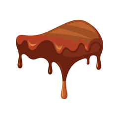 Liquid chocolate flows down vector illustration. Dripping sweet cocoa syrup, glossy dark brown dessert element for design.

