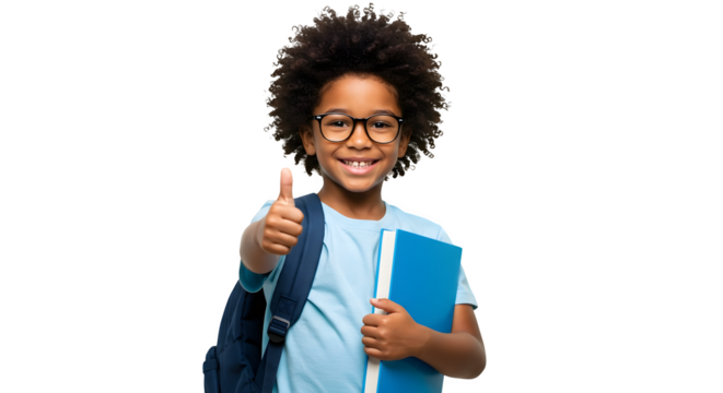 Smiling young kid eyeglasses, student holding a book and pointing at something, isolated on a transparent background