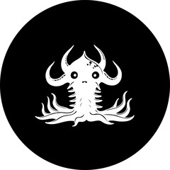 Stylized depiction of mythical sea creature in monochrome circle with black backdrop