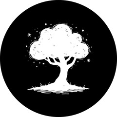 Stylized tree silhouette with sketched details against a contrasting black backdrop