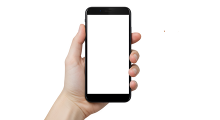 Female hands raising mobile phone on transparent background,generative ai	